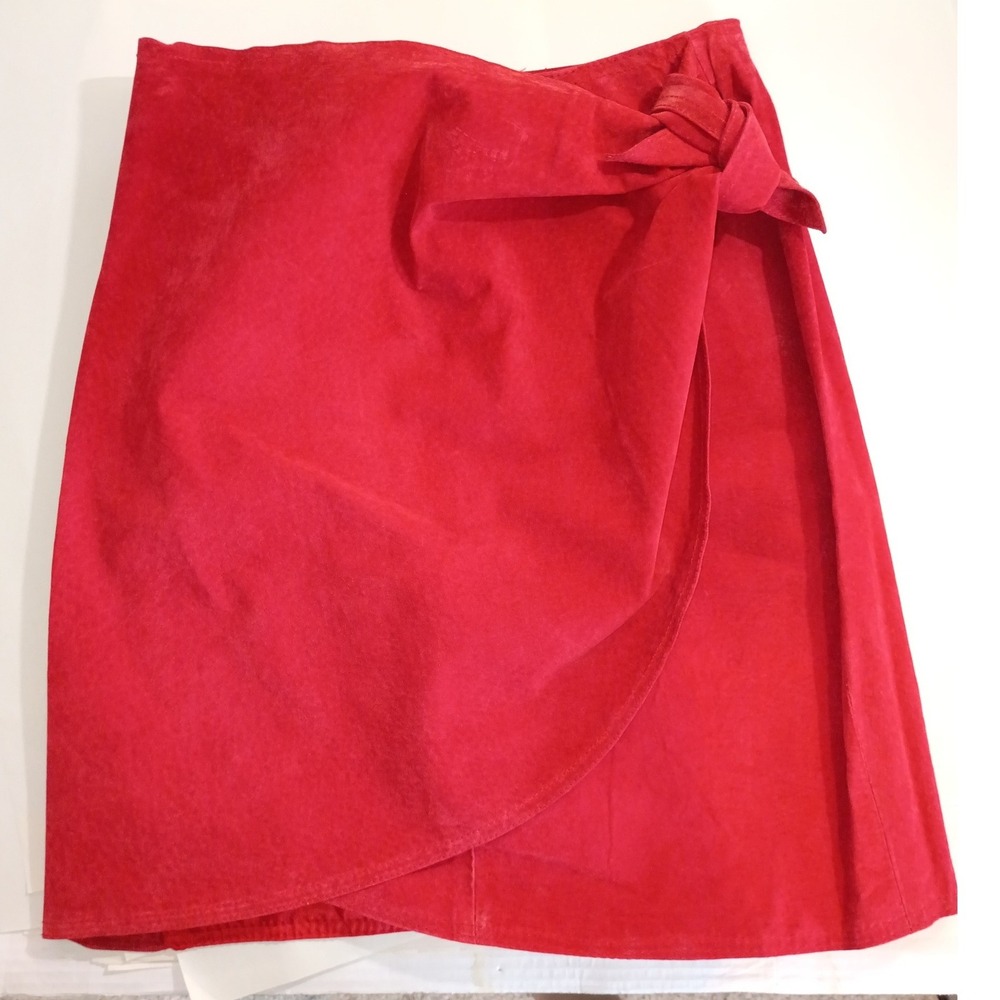 Vintage Don't Stop Womens Red Suede Wrap Skirt Side Tie Genuine Leather Mini